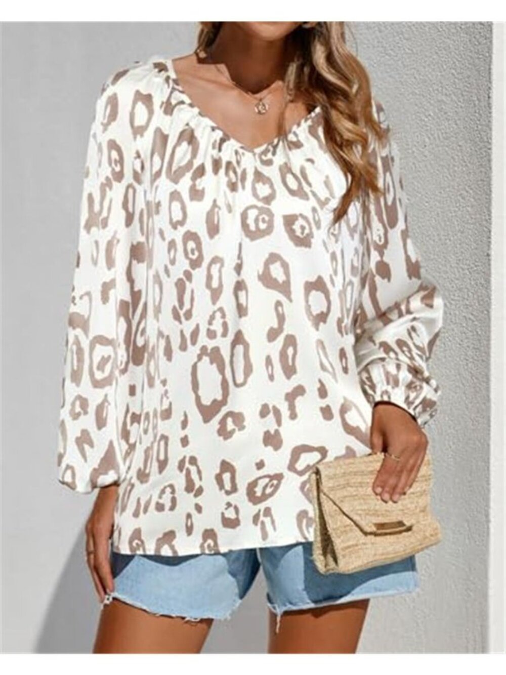 Women's Leopard Print Satin Blouse V Neck Long Sleeve Boho Dressy Casual Top - Picture 6 of 6